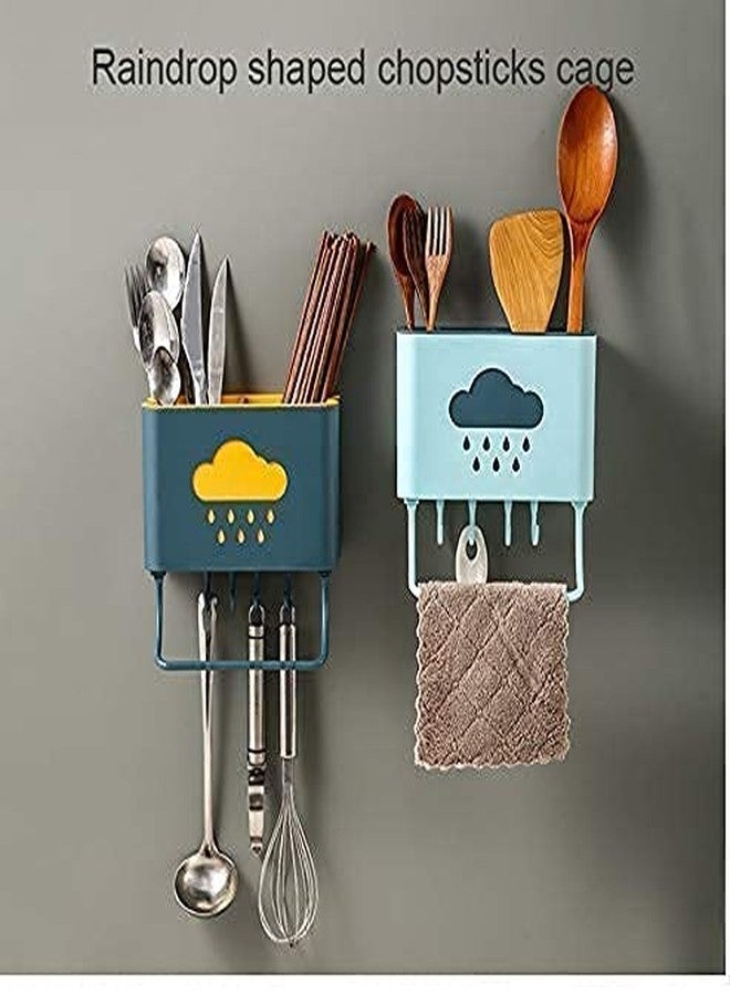 Judee Cloud Plastic Cutlery Holder for Kitchen Wall Hanging - 4 Hooks With Towel Holder, Wall Mounted Self Adhesive Spoon Organizer - Multicolour (1pcs) - Image 2